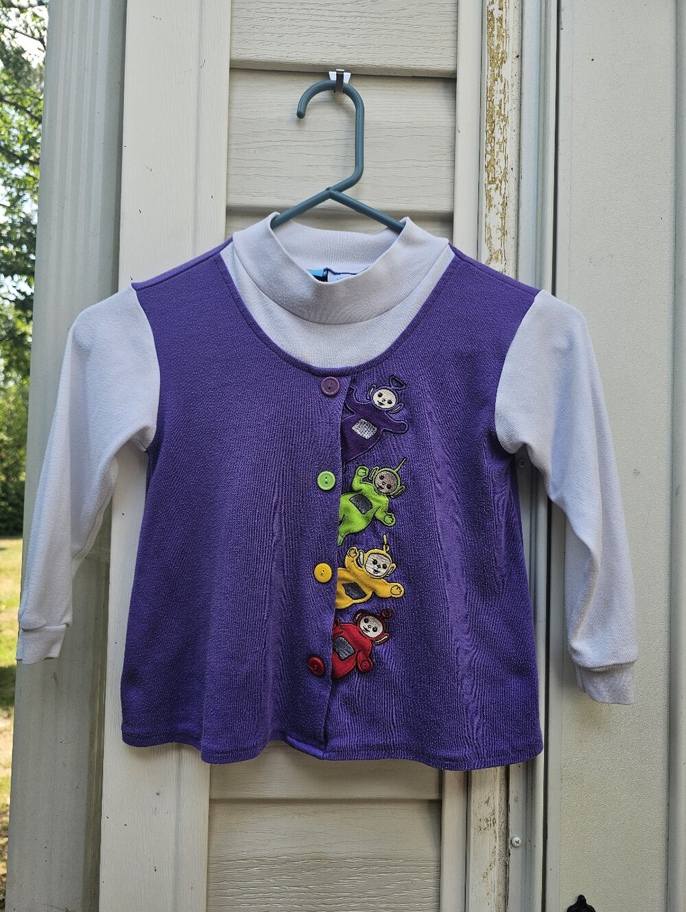 Teletubbies Vtg Embroidered Girls 4T Shirt Dress Buttons Longsleeve RARE 90s y2K